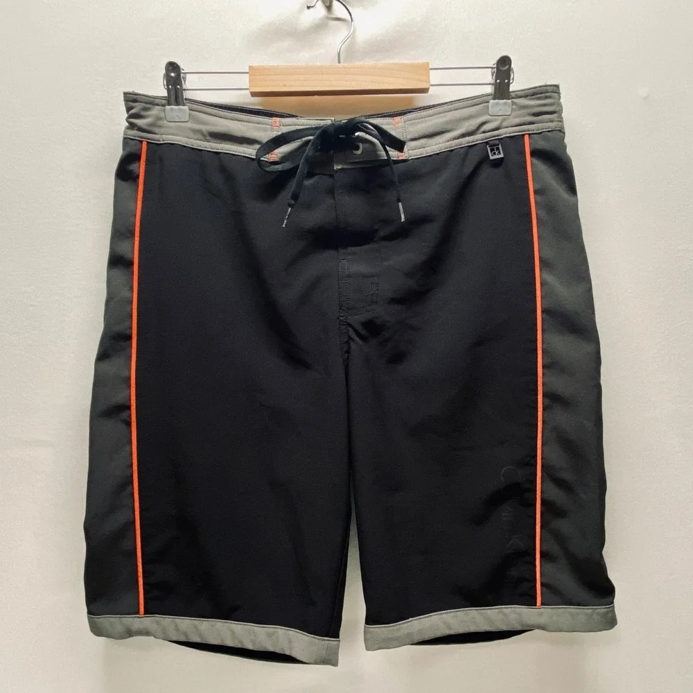 Calvin Klein Swim Board Shorts Men's Medium Black Grey Red Logo Drawstring Waist